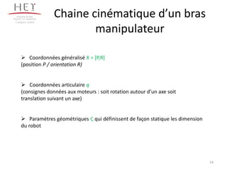Chaine cinématique d’un bras
manipulateur
Campus centre
14
 Coordonnées généralisé X = [P,R]
(position P / orientation R)
 Coordonnées articulaire q
(consignes données aux moteurs : soit rotation autour d’un axe soit
translation suivant un axe)
 Paramètres géométriques Ϛ qui définissent de façon statique les dimension
du robot
 