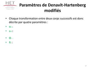 Paramètres de Denavit-Hartenberg
modifiés
Campus centre
17
• Chaque transformation entre deux corps successifs est donc
décrite par quatre paramètres :
• αi-1:
• ai-1:
• Өi :
• Ri :
 