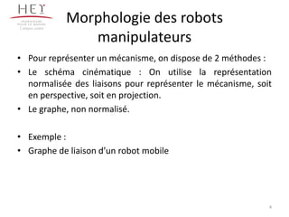 Morphologie des robots
manipulateurs
• Pour représenter un mécanisme, on dispose de 2 méthodes :
• Le schéma cinématique : On utilise la représentation
normalisée des liaisons pour représenter le mécanisme, soit
en perspective, soit en projection.
• Le graphe, non normalisé.
• Exemple :
• Graphe de liaison d’un robot mobile
Campus centre
4
 