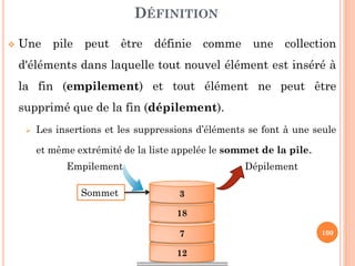 100
FILE D’ATTENTE AVEC PRIORITÉ
IMPLÉMENTATION STATIQUE PAR TABLEAU CIRCULAIRE
Enfilement:
3ème méthode: insérer le nouvel élément à la queue ensuite
essayer de trier le tableau en faisant des permutations
(principe de tri par insertion) Décrémentation des indices!!
4ème méthode: insérer le nouvel élément à la tête ensuite
essayer de trier le tableau en faisant des permutations
(principe de tri par insertion)
 