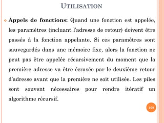 109
FILE D’ATTENTE AVEC PRIORITÉ
IMPLÉMENTATION DYNAMIQUEEnfiler(F,X)
Allouer (P), Aff_Val(P, X), aff_suiv(P, NIL)
Si (Filevide(F)) F.Tete ← P; F.Queue ← P
Sinon
Si (X.prio >Valeur(F.Tete).prio) alors //insertion au début
aff_suiv(P, F.Tete); F.Tete←P
Sinon
S←L
TQ (suivant (S)≠Nil) et (valeur (suivant (S))≥X.prio) faire
S← suivant (S)
Si (suivant (S) = Nil) alors //insertion à la fin
aff_suiv (S, P); F.Queue ← P
Sinon //insertion au milieu
aff_suiv(P, suivant (S)), aff_suiv(S, P)
 