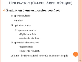 117
IMPLÉMENTATION STATIQUE PAR DÉCALAGE
Définition de la structure :
TYPE Pile= STRUCTURE
Elements : TABLEAU[Max] de Typeqq
Sommet : ENTIER
FIN
VAR P : Pile
Pile
Eléments
Sommet =5 V5
V4
V3
V2
V1
V0 0
max-1
 
