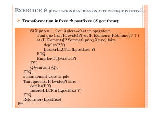 137
Transformation infixée postfixée (Algorithme):
EXERCICE 9 (EVALUATION D’EXPRESSION ARITHMÉTIQUE POSTFIXÉE)
Si X.prio = 1 , 2 ou 3 alors //c’est un operateur
Tant que (non Pilevide(P)) et (P.Elements[P.Sommet]≠ ‘(‘ )
et (P.Elements[P.Sommet].prio ≤X.prio) faire
depiler(P,Y)
InsererLLCFin (Lpostfixe, Y)
FTQ
Empiler(T[i].valeur,P)
FSI
Q suivant (Q);
FTQ
// maintenant vider la pile
Tant que non Pilevide(P) faire
depiler(P,Y)
InsererLLCFin (Lpostfixe, Y)
FTQ
Retourner (Lpostfixe)
Fin
 