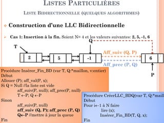 50
Recherche du maillon qui se trouve à une position donnée
LISTES PARTICULIÈRES
LISTE BIDIRECTIONNELLE (QUELQUES ALGORITHMES)
K
Tete
2 5 -1 6
QueueP
RechLLCbd_pos(L: ListeBD, K: entier positif): *maillonBD
Debut
P ←L.Tete; i ←1
Tant que (i<K) et (P≠nil) faire //accéder au K ème maillon
DTQ
i++; P ←suivant (P);
FTQ
Retourner (P);
Fin
 