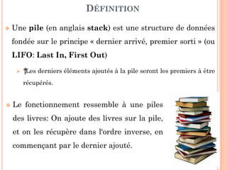 99
FILE D’ATTENTE AVEC PRIORITÉ
IMPLÉMENTATION STATIQUE PAR TABLEAU CIRCULAIRE
3ème Méthode: Enfiler(F,X)
SI (NON Filepleine(F))
//mettre à jour la queue
F.Queue ← (F.Queue + 1) mod Max
//insérer le programme X
F.Elements[F.Queue] ← X
//trier le tableau d’éléments
I ← F.Queue
Si I=0 alors J Max-1; Sinon J I-1
TQ (I ≠F.Tete) & (F.Elements[I].priorité > F.Elements[J].priorité ) faire
Tmp F.Elements[I]
F.Elements[I] ← F.Elements[J]
F.Elements[J] ← Tmp
Si I=0 alors I Max-1; Sinon I I-1
Si J=0 alors J Max-1; Sinon J J-1
 