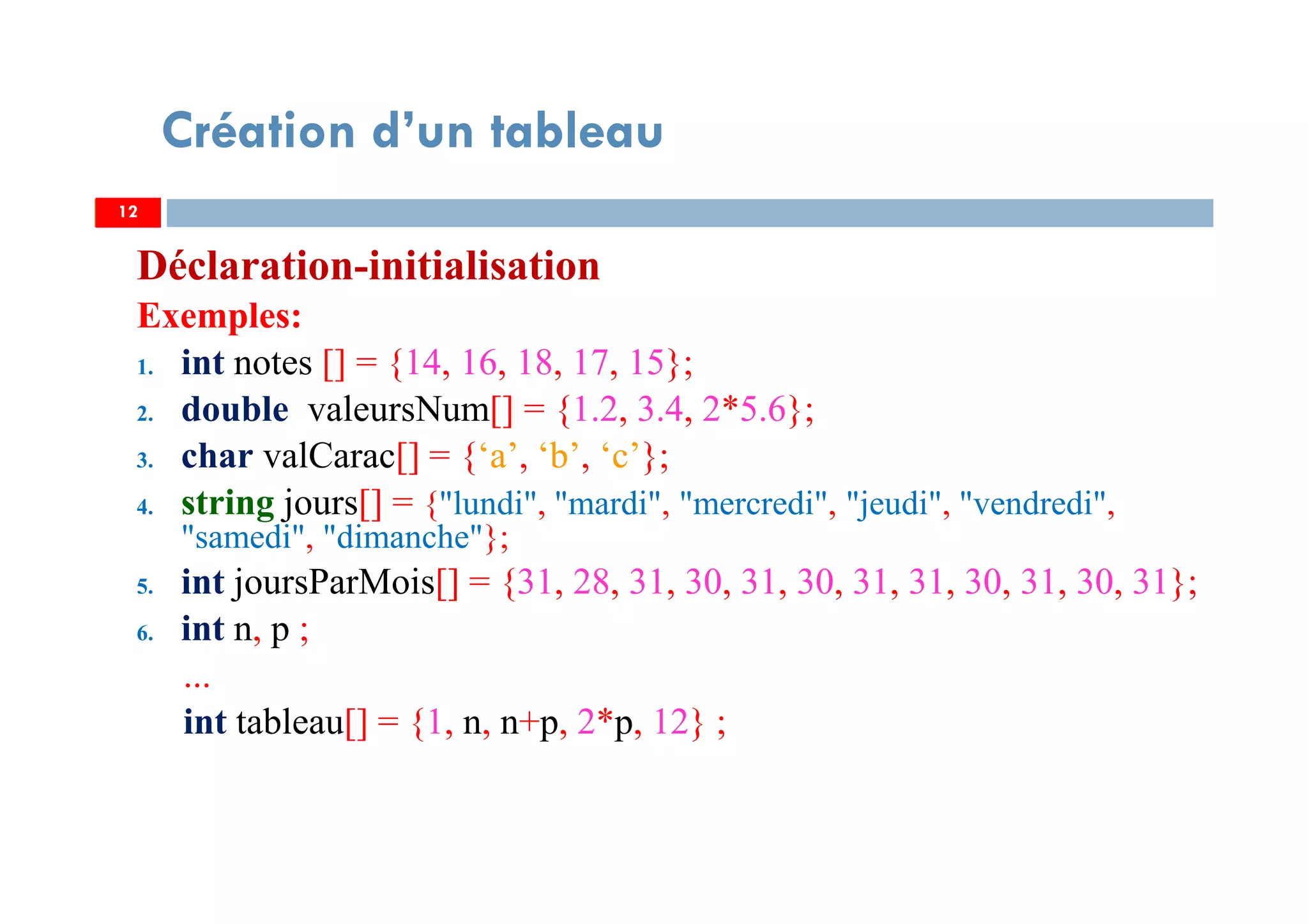Déclaration-initialisation
Exemples:
1. int notes [] = {14, 16, 18, 17, 15};
2. double valeursNum[] = {1.2, 3.4, 2*5.6};
3. char valCarac[] = {‘a’, ‘b’, ‘c’};
4. string jours[] = {"lundi", "mardi", "mercredi", "jeudi", "vendredi",
"samedi", "dimanche"};
5. int joursParMois[] = {31, 28, 31, 30, 31, 30, 31, 31, 30, 31, 30, 31};
6. int n, p ;
...
int tableau[] = {1, n, n+p, 2*p, 12} ;
12
Création d’un tableau
12
 