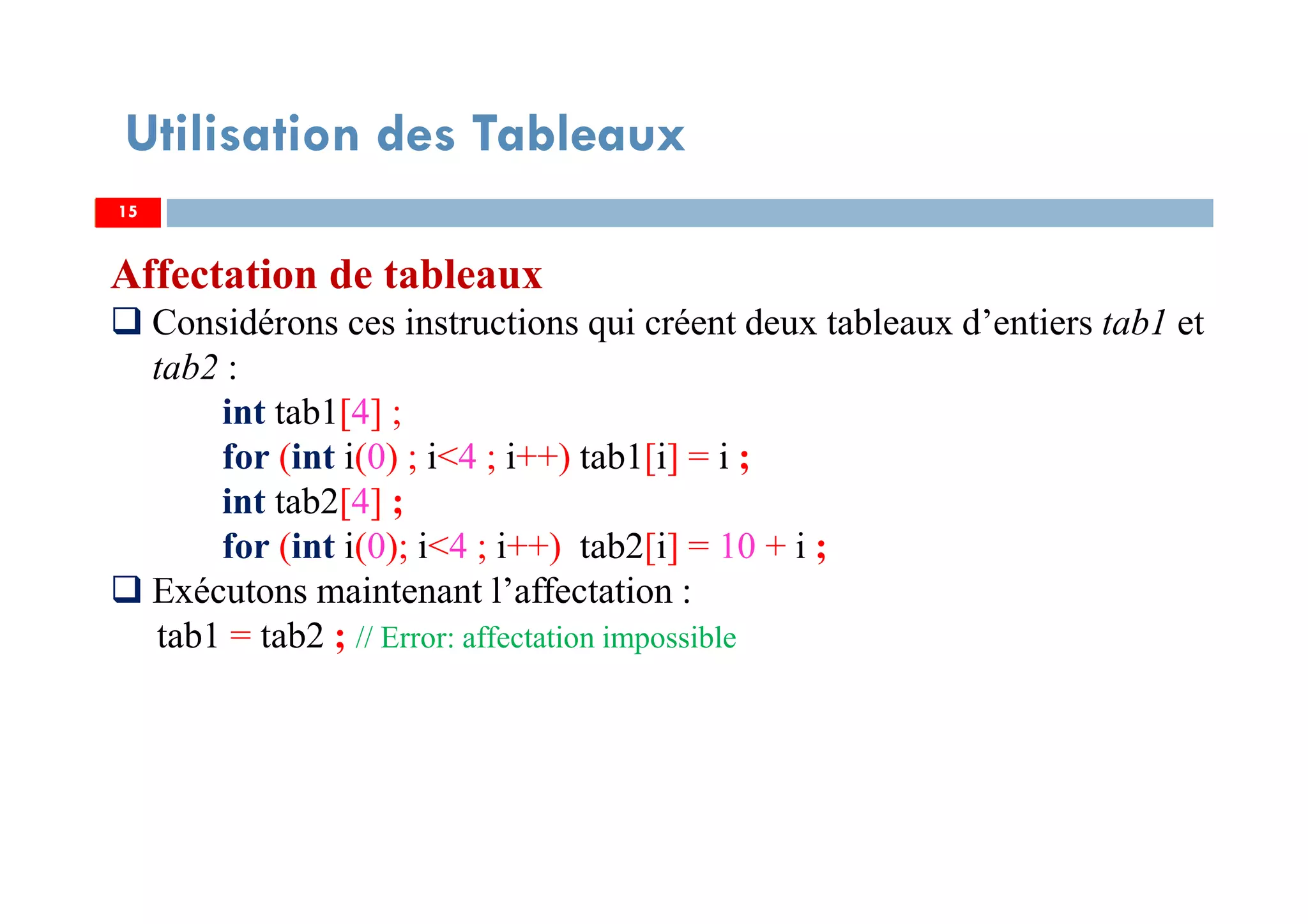 15
Utilisation des Tableaux
Affectation de tableaux
Considérons ces instructions qui créent deux tableaux d’entiers tab1 et
tab2 :
int tab1[4] ;
for (int i(0) ; i<4 ; i++) tab1[i] = i ;
int tab2[4] ;
for (int i(0); i<4 ; i++) tab2[i] = 10 + i ;
Exécutons maintenant l’affectation :
tab1 = tab2 ; // Error: affectation impossible
1515
 