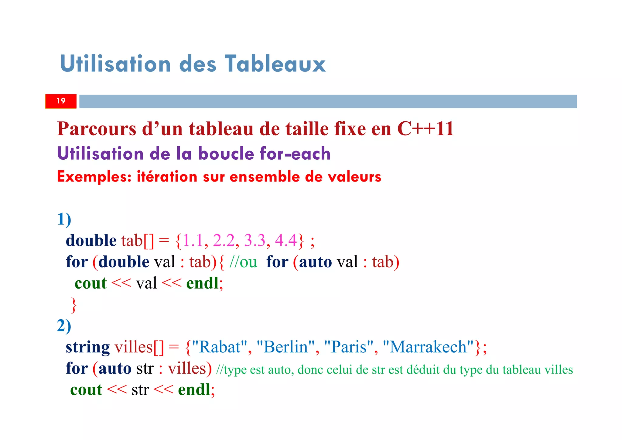 Utilisation des Tableaux
Parcours d’un tableau de taille fixe en C++11
Utilisation de la boucle for-each
Exemples: itération sur ensemble de valeurs
1)
double tab[] = {1.1, 2.2, 3.3, 4.4} ;
for (double val : tab){ //ou for (auto val : tab)
cout << val << endl;
}
2)
string villes[] = {"Rabat", "Berlin", "Paris", "Marrakech"};
for (auto str : villes) //type est auto, donc celui de str est déduit du type du tableau villes
cout << str << endl;
1919
 
