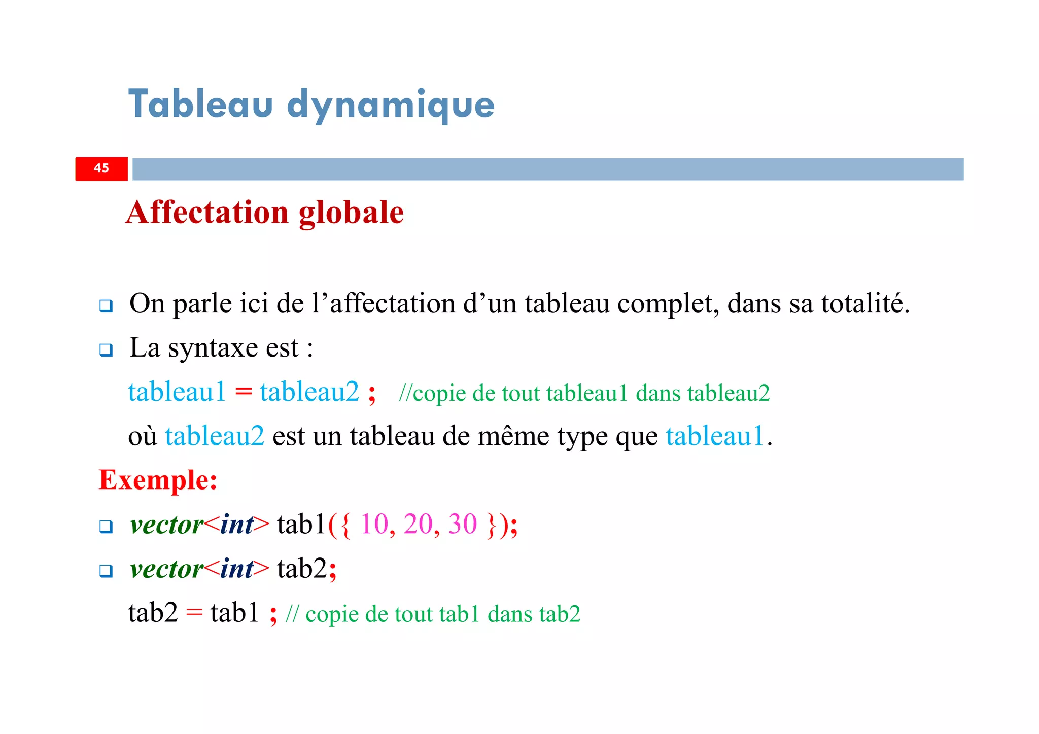 Affectation globale
On parle ici de l’affectation d’un tableau complet, dans sa totalité.
La syntaxe est :
tableau1 = tableau2 ; //copie de tout tableau1 dans tableau2
où tableau2 est un tableau de même type que tableau1.
Exemple:
vector<int> tab1({ 10, 20, 30 });
vector<int> tab2;
tab2 = tab1 ; // copie de tout tab1 dans tab2
45
Tableau dynamique
45
 