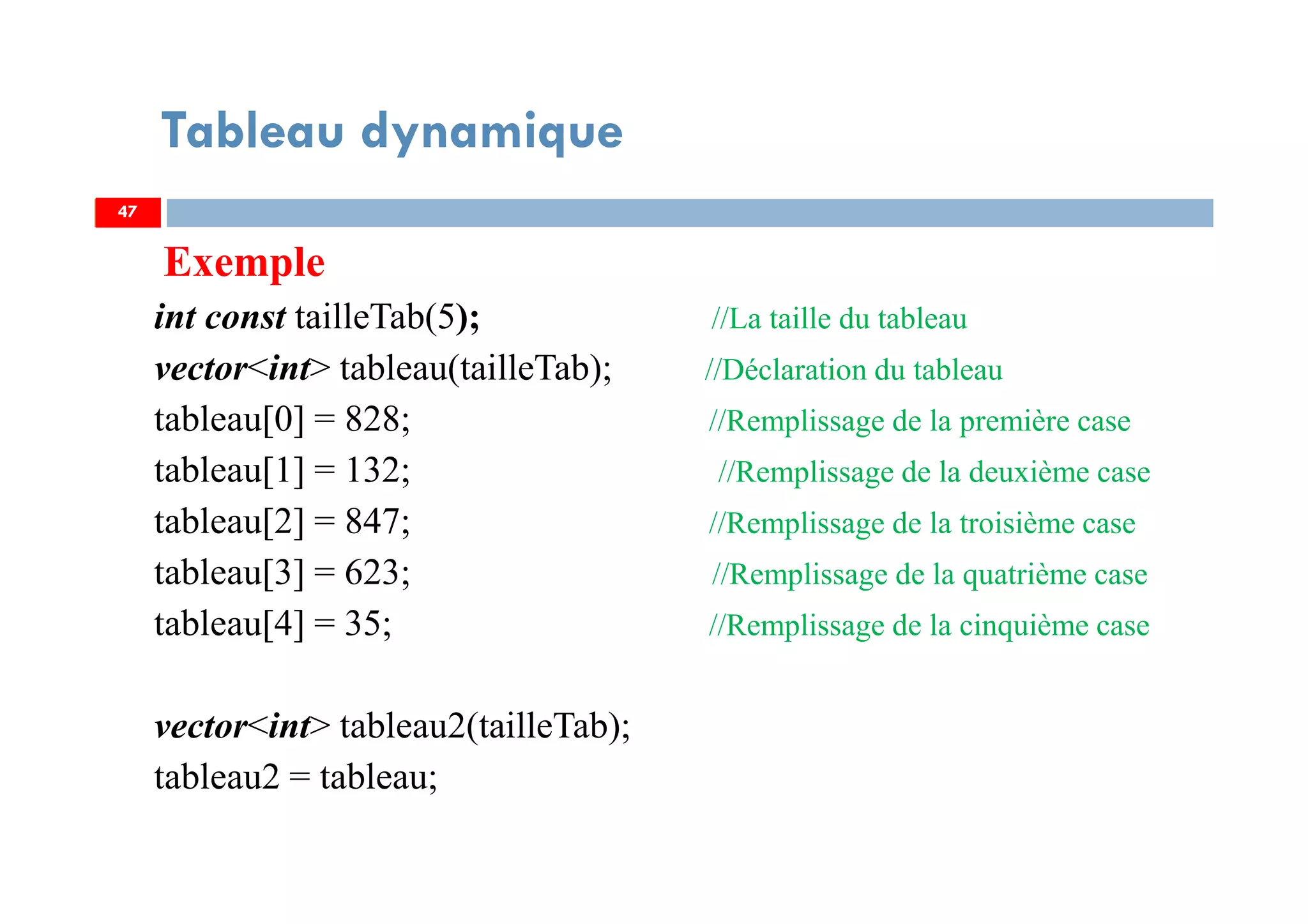 Exemple
int const tailleTab(5); //La taille du tableau
vector<int> tableau(tailleTab); //Déclaration du tableau
tableau[0] = 828; //Remplissage de la première case
tableau[1] = 132; //Remplissage de la deuxième case
tableau[2] = 847; //Remplissage de la troisième case
tableau[3] = 623; //Remplissage de la quatrième case
tableau[4] = 35; //Remplissage de la cinquième case
vector<int> tableau2(tailleTab);
tableau2 = tableau;
47
Tableau dynamique
47
 