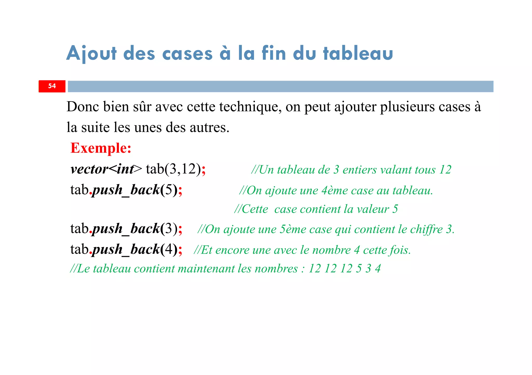 Donc bien sûr avec cette technique, on peut ajouter plusieurs cases à
la suite les unes des autres.
Exemple:
vector<int> tab(3,12); //Un tableau de 3 entiers valant tous 12
tab.push_back(5); //On ajoute une 4ème case au tableau.
//Cette case contient la valeur 5
tab.push_back(3); //On ajoute une 5ème case qui contient le chiffre 3.
tab.push_back(4); //Et encore une avec le nombre 4 cette fois.
//Le tableau contient maintenant les nombres : 12 12 12 5 3 4
54
Ajout des cases à la fin du tableau
54
 