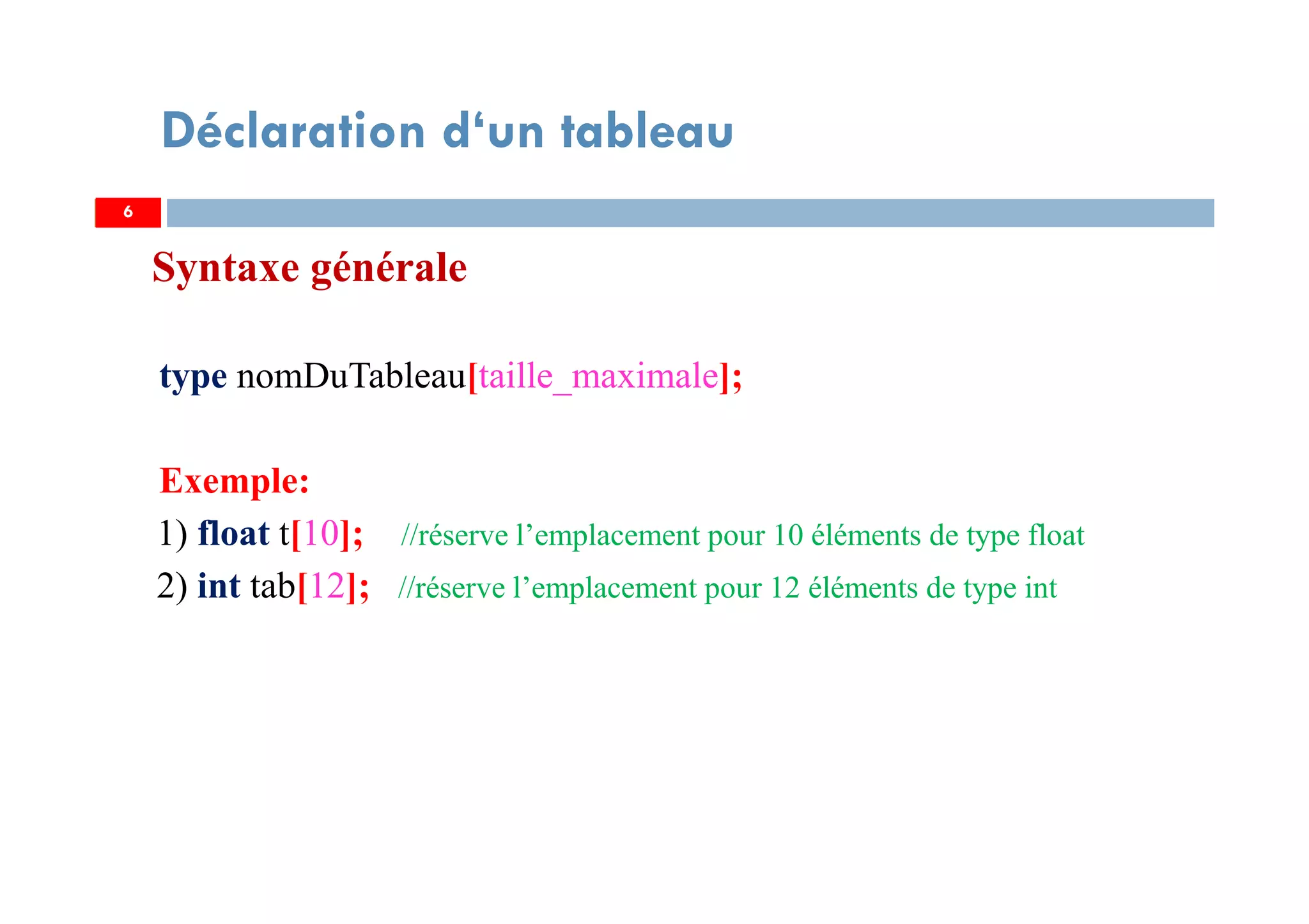 Syntaxe générale
type nomDuTableau[taille_maximale];
Exemple:
1) float t[10]; //réserve l’emplacement pour 10 éléments de type float
2) int tab[12]; //réserve l’emplacement pour 12 éléments de type int
6
Déclaration d‘un tableau
6
 