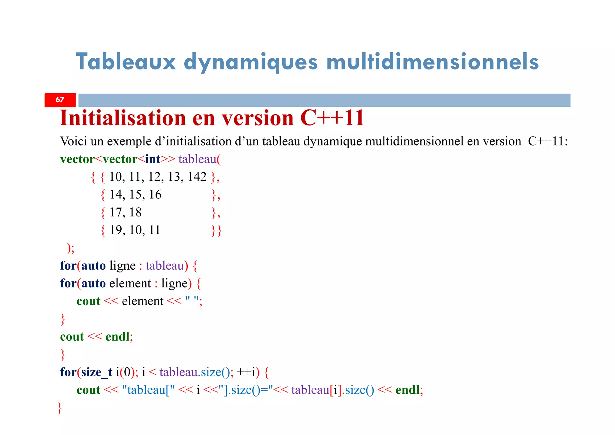 Initialisation en version C++11
Voici un exemple d’initialisation d’un tableau dynamique multidimensionnel en version C++11:
vector<vector<int>> tableau(
{ { 10, 11, 12, 13, 142 },
{ 14, 15, 16 },
{ 17, 18 },
{ 19, 10, 11 }}
);
for(auto ligne : tableau) {
for(auto element : ligne) {
cout << element << " ";
}
cout << endl;
}
for(size_t i(0); i < tableau.size(); ++i) {
cout << "tableau[" << i <<"].size()="<< tableau[i].size() << endl;
}
67
Tableaux dynamiques multidimensionnels
67
 