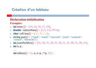 Déclaration-initialisation
Exemples:
1. int notes [] = {14, 16, 18, 17, 15};
2. double valeursNum[] = {1.2, 3.4, 2*5.6};
3. char valCarac[] = {‘a’, ‘b’, ‘c’};
4. string jours[] = {"lundi", "mardi", "mercredi", "jeudi", "vendredi",
"samedi", "dimanche"};
5. int joursParMois[] = {31, 28, 31, 30, 31, 30, 31, 31, 30, 31, 30, 31};
6. int n, p ;
...
int tableau[] = {1, n, n+p, 2*p, 12} ;
12
Création d’un tableau
12
 