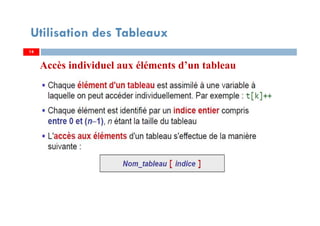 14
Utilisation des Tableaux
Accès individuel aux éléments d’un tableau
1414
 