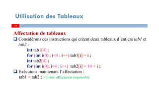 15
Utilisation des Tableaux
Affectation de tableaux
Considérons ces instructions qui créent deux tableaux d’entiers tab1 et
tab2 :
int tab1[4] ;
for (int i(0) ; i<4 ; i++) tab1[i] = i ;
int tab2[4] ;
for (int i(0); i<4 ; i++) tab2[i] = 10 + i ;
Exécutons maintenant l’affectation :
tab1 = tab2 ; // Error: affectation impossible
1515
 