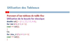 Utilisation des Tableaux
Parcours d’un tableau de taille fixe
Utilisation de la boucle for classique
double tab[] = {1.1, 2.2, 3.3, 4.4};
for (int i(0); i<4; i++){
cout << tab[i];
}
Ou
for (size_t i(0); i<4; i++){
cout << tab[i];
}
1717
 
