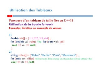 Utilisation des Tableaux
Parcours d’un tableau de taille fixe en C++11
Utilisation de la boucle for-each
Exemples: itération sur ensemble de valeurs
1)
double tab[] = {1.1, 2.2, 3.3, 4.4} ;
for (double val : tab){ //ou for (auto val : tab)
cout << val << endl;
}
2)
string villes[] = {"Rabat", "Berlin", "Paris", "Marrakech"};
for (auto str : villes) //type est auto, donc celui de str est déduit du type du tableau villes
cout << str << endl;
1919
 