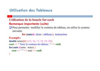 Utilisation des Tableaux
Utilisation de la boucle for-each
Remarque importante (suite)
Pour permettre modifier le contenu du tableau, on utilise la syntaxe
suivante:
for (auto& elem : tableau ) instruction
Exemple:
double notes[6]={15, 16, 17, 18, 19, 20};
cout << " Voici le contenu du tableau : " << endl;
for(auto &note : notes) {
cout << " " << note << endl;
}
2121
 