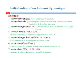 Exemple:
1) vector<int> tableau; //Crée un tableau de 0 entiers
2) vector<int> tab(5); //correspond à la déclaration d’un tableau initialement
// constitué de 5 entiers, tous nuls.
3) vector<string> noms(10); //Crée un tableau dont les éléments sont de type
//string
4) vector<double> tab(7, 3.5);
//Crée un tableau de 7 nombres à virgules valant tous 3.5
5) vector<string> listeDesNoms(10, "nom");
//Crée un tableau de 10 strings valant toutes "nom"
6) vector<double> tab2(tab);
//Pour initialiser les éléments de tab2 aux mêmes valeurs que tab.
7) vector<int> Tab({10, 20, 30});
//initialise le tableau Tab par un ensemble de valeurs.
4343
Initialisation d’un tableau dynamique
 