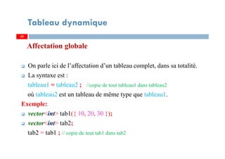 Affectation globale
On parle ici de l’affectation d’un tableau complet, dans sa totalité.
La syntaxe est :
tableau1 = tableau2 ; //copie de tout tableau1 dans tableau2
où tableau2 est un tableau de même type que tableau1.
Exemple:
vector<int> tab1({ 10, 20, 30 });
vector<int> tab2;
tab2 = tab1 ; // copie de tout tab1 dans tab2
45
Tableau dynamique
45
 
