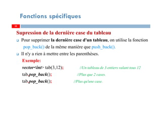 Supression de la dernière case du tableau
Pour supprimer la dernière case d'un tableau, on utilise la fonction
pop_back() de la même manière que push_back().
Il n'y a rien à mettre entre les parenthèses.
Exemple:
vector<int> tab(3,12); //Un tableau de 3 entiers valant tous 12
tab.pop_back(); //Plus que 2 cases.
tab.pop_back(); //Plus qu'une case.
5555
Fonctions spécifiques
 