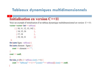 Initialisation en version C++11
Voici un exemple d’initialisation d’un tableau dynamique multidimensionnel en version C++11:
vector<vector<int>> tableau(
{ { 10, 11, 12, 13, 142 },
{ 14, 15, 16 },
{ 17, 18 },
{ 19, 10, 11 }}
);
for(auto ligne : tableau) {
for(auto element : ligne) {
cout << element << " ";
}
cout << endl;
}
for(size_t i(0); i < tableau.size(); ++i) {
cout << "tableau[" << i <<"].size()="<< tableau[i].size() << endl;
}
67
Tableaux dynamiques multidimensionnels
67
 