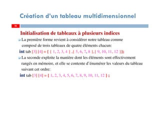 Initialisation de tableaux à plusieurs indices
La première forme revient à considérer notre tableau comme
composé de trois tableaux de quatre éléments chacun:
int tab [3] [4] = { { 1, 2, 3, 4 } ,{ 5, 6, 7, 8 },{ 9, 10, 11, 12 }};
La seconde exploite la manière dont les éléments sont effectivement
rangés en mémoire, et elle se contente d’énumérer les valeurs du tableau
suivant cet ordre:
int tab [3] [4] = { 1, 2, 3, 4, 5, 6, 7, 8, 9, 10, 11, 12 } ;
26
Création d’un tableau multidimensionnel
26
 