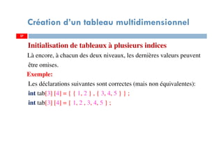 Initialisation de tableaux à plusieurs indices
Là encore, à chacun des deux niveaux, les dernières valeurs peuvent
être omises.
Exemple:
Les déclarations suivantes sont correctes (mais non équivalentes):
int tab[3] [4] = { { 1, 2 } , { 3, 4, 5 } } ;
int tab[3] [4] = { 1, 2 , 3, 4, 5 } ;
27
Création d’un tableau multidimensionnel
27
 