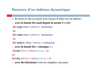 Il existe en fait au moins trois façons d’itérer sur un tableau :
avec la boucle for-each depuis la norme C++11:
for (type elem : tableau ) instruction
ou
for (auto elem : tableau ) instruction
ou
for (auto& elem : tableau ) instruction
avec la boucle for « classique » :
for(int i(0); i < tableau.size(); ++i)
ou
for(size_t i(0); i < tableau.size(); ++i)
avec des itérateurs (voir les chapitres suivants).
54
Parcours d’un tableau dynamique
54
 