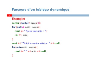 Exemple:
vector<double> notes(4);
for (auto& note : notes) {
cout << " Saisir une note : ";
cin >> note;
}
cout << " Voici les notes saisies : " << endl;
for(auto note : notes) {
cout << " " << note << endl;
}
55
Parcours d’un tableau dynamique
55
 