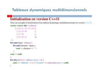 Initialisation en version C++11
Voici un exemple d’initialisation d’un tableau dynamique multidimensionnel en version C++11:
vector<vector<int>> tableau(
{ { 10, 11, 12, 13, 142 },
{ 14, 15, 16 },
{ 17, 18 },
{ 19, 10, 11 }}
);
for(auto ligne : tableau) {
for(auto element : ligne) {
cout << element << " ";
}
cout << endl;
}
for(size_t i(0); i < tableau.size(); ++i) {
cout << "tableau[" << i <<"].size()="<< tableau[i].size() << endl;
}
73
Tableaux dynamiques multidimensionnels
73
 