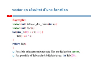 80
vector en résultat d'une fonction
Exemple:
vector<int> tableau_des_carres(int n) {
vector<int> Tab(n);
for(size_t i(0); i < n; ++i) {
Tab[i] = i * i;
}
return Tab;
}
Possible uniquement parce que Tab est déclaré en vector.
Pas possible si Tab avait été déclaré avec: int Tab[20];
80
 