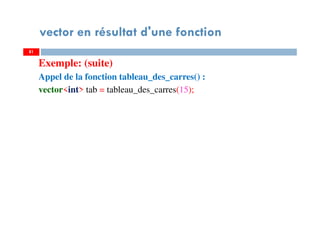 81
vector en résultat d'une fonction
Exemple: (suite)
Appel de la fonction tableau_des_carres() :
vector<int> tab = tableau_des_carres(15);
81
 