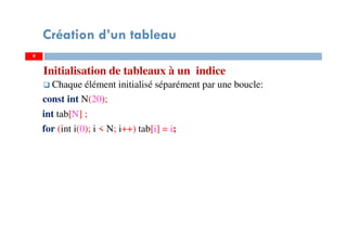 Initialisation de tableaux à un indice
Chaque élément initialisé séparément par une boucle:
const int N(20);
int tab[N] ;
for (int i(0); i < N; i++) tab[i] = i;
9
Création d’un tableau
9
 