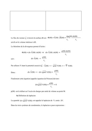 r                                           r        uu
                                                                           r        dqρ(M) dτ(M)
Le flux du vecteur E à travers la surface dS est : Φ (M) = E(M) dS(M) =                  =
                                                                                    εo       εo
où dτ est le volume intérieur à dS.

Le théorème de la divergence permet d’écrire :

                             r                         r                       ρ(M) dτ(M)
                Φ (M) = div E(M) dτ(M) ⇒ div E(M) dτ(M) =
                                                                                   εo
                                 r             ρ(M)
soit :                       div E(M) =
                                                 εo

                                            r     r             uuur               ur
Par ailleurs V étant le potentiel associé à E : E(M) = − grad V(M) = − ∇ V(M) .

                            r                   uuur             ρ(M)
Donc :                   div E(M) = − div (grad V(M)) =
                                                                     εo

Finalement cette équation (appelée équation de Poisson) devient :

                                        uuur            ρ(M)
                                     div(grad V(M)) +            =0
                                                           εo

ρ(M) est le défaut ou l’excès de charges par unité de volume au point M.

         b) Définition de laplacien
                  uuur
La quantité div (grad V(M)) est appelée le laplacien de V, notée ∆V.

Dans les trois systèmes de coordonnées, le laplacien a pour expressions :
 