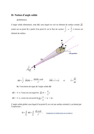 II- Notion d’angle solide
       a) Définition
                                                                                                                                         uu
                                                                                                                                          r
L’angle solide élémentaire, noté dΩ, sous lequel on voit un élément de surface orienté dS
                                                                                                            r           r
                                                                                                            r           u
centré sur un point M, à partir d’un point O, est le flux du vecteur
                                                                                                                3
                                                                                                                    =       2
                                                                                                                                à travers cet
                                                                                                            r           r
élément de surface.




                                                                                                  dS

                                                                                                            u
                                                                                                   θ
                                                                                              n
                                                                                              M
                                                                                                                    face positive
                                                                                      r
                                                          dΩ




                                O           u



                 r                                                                                                              uu
                                                                                                                                 r
                 r       uu
                          r      dS(M) cosθ                                uuu r
                                                                             r            r                             r       dS
        dΩ =         3
                         dS(M) =            ,                              OM = r = ru                 et               n=
                 r                   r2                                                                                         dS

       b) Convention de signe de l’angle solide dΩ

             r                                            uu
                                                           r          π
 dΩ > 0 si r rentre du coté négatif de dS (0 <                            ).
                                                                      2
                                                      uu π
                                                       r
 dΩ < 0 si r rentre du coté positif de dS (
           r                                                       < θ <       π ).
                                                               2

L’angle solide global, sous lequel d’un point O, on voit une surface orientée S, est donné par
l’expression :

                                                dS cosθ
                 Ω=      ∫
                         (S)
                               dΩ =   ∫
                                      (S)         r
                                                      2        :    l’intégration (ici double) porte sur la surface S
 