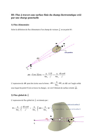 III- Flux à travers une surface finie du champ électrostatique créé
par une charge ponctuelle

1) Flux élémentaire
                                                                                     r
Selon la définition du flux élémentaire d’un champ de vecteurs E en un point M :




                                                                             dS                  E
                                                                                     θ

                                                                              M
                                                                                                 face positive
                                                                r
                                              dΩ




                        O     u
                         q
                                                               u uu
                                                               r r
                                  r           uu
                                               r          q    u dS            q     dS cosθ
                            dΦ = E(M) dS(M) =                        2
                                                                         =                   2
                                                      4πε o      r           4πε o       r

                                                                              q
L’expression de dΦ peut être écrite sous la forme : dΦ =                             dΩ , où dΩ est l’angle solide
                                                                             4πε o
                                                                                                                  uu
                                                                                                                   r
sous lequel du point O (où se trouve la charge), on voit l’élément de surface orienté dS .


                  u
                  r
2) Flux global de E
                                          r
L’expression de flux global de E est donnée par :

                                                                         l’intégration (ici double) porte sur la surface S
        q         dS cosθ             q               q
 Φ=
      4πε o   ∫
              s     r
                        2
                              =
                                  4πε o       ∫ dΩ = 4πε
                                              s            o
                                                               Ω :
                                                                                            S
                                                                         Ω l’angle solide sous lequel on voit la surface S



                                                       dΩ        dS 1
                                      O                                                  E1                      E2
                                      q
                                                                                                       dS 2
 