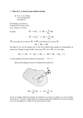 u
               r
1) Flux de E à travers une surface fermée

       a) Cas ou la charge
          est à l’extérieur de
          la surface S

Si la charge q se trouve à
l’extérieur de S, alors le flux
    r
de E à travers S est nul.
                              uu
                               r                r                         q
En effet :                    dS1 = dS1 n 1 ⇒ dΦ1 =                              dΩ1
                                                                        4πε o
                              uu
                               r                r                            q
                              dS 2 = dS2 n 2 ⇒ dΦ 2 =                            dΩ 2
                                                                         4πε o
                    r              uu
                                    r                                        r          uu
                                                                                         r
dΦ1 est le flux de E à travers dS et dΦ 2 est le flux de E à travers dS :
                                 1                                     2

                                   dΦ = dΦ1 + dΦ 2
Du point O, on voit les surfaces dS1 et dS2 de la même façon puisqu’ils correspondent au
même cône. D’après le signe de dΩ , nous avons dΩ1 < 0 et dΩ 2 > 0, c'est-à-dire :

             dΩ1 = − dΩ 2         ⇒ dΦ1 = − dΦ 2                   et   dΦ = dΦ1 + dΦ 2 = 0 .

Le flux résultant à travers la surface S est alors nul :                 Φ = 0

        b) Cas où la charge se trouve à l’intérieur de la surface S.



                                            S                            E
                                                                    M θ n
                                                                     dS
                                                             dS1
                                     S1             dΩ
                                                Oq
                                                    R=1




                                        q                                q
                            dΦ =            dΩ           ⇒     Φ=                Ω
                                    4πε o                               4πε o

où Ω est l’angle solide sous lequel, de l’endroit où se trouve la charge, on voit la surface
interne de S. C’est aussi l’angle solide sous lequel, toujours de l’endroit où se trouve la charge
q, on voit une sphère S1 de centre O et de rayon unité. Il vient :
 
