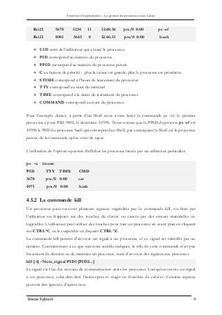 Systèmes d’exploitation – La gestion de processus sous Linux
Imene Sghaier 4
Rsi21 5678 1234 11 12:48:36 pts/0 0:00 ps -ef
Rsi21 8901 5643 0 12:46:31 pts/0 0:00 bash
 UID nom de l'utilisateur qui a lancé le processus.
 PID correspond au numéro du processus.
 PPID correspond au numéro du processus parent.
 C au facteur de priorité : plus la valeur est grande, plus le processus est prioritaire
 STIME correspond à l'heure de lancement du processus
 TTY correspond au nom du terminal
 TIME correspond à la durée de traitement du processus
 COMMAND correspond au nom du processus.
Pour l'exemple donné, à partir d'un Shell nous avons lancé la commande ps -ef, le premier
processus a pour PID 9892, le deuxième 10398. Nous notons que le PPID du process ps -ef est
10398 le PID du processus bash qui correspond au Shell, par conséquent le Shell est le processus
parent, de la commande qu'on vient de taper.
L’utilisation de l’option u permet d’afficher les processus lancés par un utilisateur particulier.
ps -u imene
PID TTY TIME CMD
3678 pts/0 0:00 cat
4971 pts/0 0:00 bash
4.5.2 La commande kill
Un processus peut recevoir plusieurs signaux engendrés par la commande kill, ou bien par
l’utilisateur en frappant sur des touches du clavier ou causés par des erreurs matérielles ou
logicielles. L’utilisateur peut utiliser des touches pour tuer un processus en avant plan en cliquant
sur CTRL^C ou le suspendre en cliquant CTRL^Z.
La commande kill permet d’envoyer un signal à un processus, et ce signal est identifié par un
numéro. Contrairement à ce que son nom semble indiquer, le rôle de cette commande n’est pas
forcément de détruire ou de terminer un processus, mais d’envoyer des signaux aux processus.
kill [-l] -Num_signal PID1 [PID2...]
Le signal est l’un des moyens de communication entre les processus. Lorsqu’on envoie un signal
à un processus, celui-doit doit l’intercepter et réagir en fonction de celui-ci. Certains signaux
peuvent être ignorés, d’autres non.
 