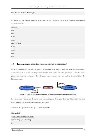 Systèmes d’exploitation – La gestion de processus sous Linux
Imene Sghaier 9
toto:Aucun fichier de ce type
La redirection de l’entrée standard se fait par <fichier. Dans ce cas, la commande lit ses données
à partir du fichier.
cat toto
titi
tata
bebe
coco
sort < toto
bebe
coco
tata
titi
4.7 La communication interprocessus : les tubes (pipes)
Le principe des tubes est assez simple : la sortie standard d’un processus est redirigée vers l’entrée
d’un tube dont la sortie est dirigée vers l’entrée standard d’un autre processus. Ainsi les deux
processus peuvent échanger des données sans passer par un fichier intermédiaire de
l’arborescence.
Figure 4 : Principe de fonctionnement d’un tube de communication interprocessus
Le lancement concurrent de processus communiquant deux par deux par l’intermédiaire des
tubes sera réalisé par une commande de la forme :
commande1 | commande2 | ... | commandeN
Exemple 1
Sans l’utilisation d’un tube:
who > tmp ; wc -l < tmp
5
Entrée
Standard
Sortie
Standard
processus 1 processus 2Tube
 