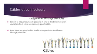 Câbles et connecteurs
 Selon le la fréquence / bande passante et ainsi le débit maximal qu’on
veut atteindre, il existe une catégorie pour le câble.
 Aussi, selon les perturbations en électromagnétisme, on utilise un
blindage particulier.
Câbles
catégories et blindage de câbles
 