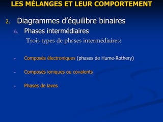 LES M
LES MÉ
ÉLANGES ET LEUR COMPORTEMENT
LANGES ET LEUR COMPORTEMENT
2.
2. Diagrammes d
Diagrammes d’é
’équilibre binaires
quilibre binaires
6.
6. Phases interm
Phases intermé
édiaires
diaires
Trois types de phases interm
Trois types de phases intermé
édiaires:
diaires:
•
• Compos
Composé
és
s é
électroniques
lectroniques (phases de Hume
(phases de Hume-
-Rothery
Rothery)
)
•
• Compos
Composé
és ioniques ou covalents
s ioniques ou covalents
•
• Phases de laves
Phases de laves
 