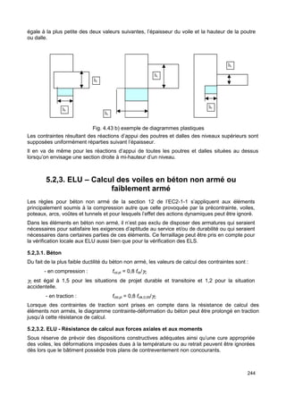 égale à la plus petite des deux valeurs suivantes, l’épaisseur du voile et la hauteur de la poutre 
ou dalle. 
Fig. 4.43 b) exemple de diagrammes plastiques 
Les contraintes résultant des réactions d’appui des poutres et dalles des niveaux supérieurs sont 
supposées uniformément réparties suivant l’épaisseur. 
Il en va de même pour les réactions d’appui de toutes les poutres et dalles situées au dessus 
lorsqu’on envisage une section droite à mi-hauteur d’un niveau. 
244 
5.2,3. ELU – Calcul des voiles en béton non armé ou 
faiblement armé 
Les règles pour béton non armé de la section 12 de l’EC2-1-1 s’appliquent aux éléments 
principalement soumis à la compression autre que celle provoquée par la précontrainte, voiles, 
poteaux, arcs, voûtes et tunnels et pour lesquels l’effet des actions dynamiques peut être ignoré. 
Dans les éléments en béton non armé, il n’est pas exclu de disposer des armatures qui seraient 
nécessaires pour satisfaire les exigences d’aptitude au service et/ou de durabilité ou qui seraient 
nécessaires dans certaines parties de ces éléments. Ce ferraillage peut être pris en compte pour 
la vérification locale aux ELU aussi bien que pour la vérification des ELS. 
5.2,3.1. Béton 
Du fait de la plus faible ductilité du béton non armé, les valeurs de calcul des contraintes sont : 
- en compression : fcd,pl = 0,8 fck/gC 
gC est égal à 1,5 pour les situations de projet durable et transitoire et 1,2 pour la situation 
accidentelle. 
- en traction : fctd,pl = 0,8 fctk,0,05/gC 
Lorsque des contraintes de traction sont prises en compte dans la résistance de calcul des 
éléments non armés, le diagramme contrainte-déformation du béton peut être prolongé en traction 
jusqu’à cette résistance de calcul. 
5.2,3.2. ELU - Résistance de calcul aux forces axiales et aux moments 
Sous réserve de prévoir des dispositions constructives adéquates ainsi qu’une cure appropriée 
des voiles, les déformations imposées dues à la température ou au retrait peuvent être ignorées 
dès lors que le bâtiment possède trois plans de contreventement non concourants. 
 