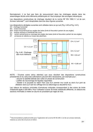 Normalement, il ne faut pas faire de recouvrement dans les chaînages placés dans les 
assemblages étroits entre éléments préfabriqués et il faut employer des ancrages mécaniques. 
Les dispositions constructives de chaînage résultant de la norme NF EN 1992-1-1 et de son 
Annexe nationale24, sont récapitulées dans les deux figures suivantes. 
Les désignations abrégées suivantes sont utilisées dans ce qui suit (Fig. 4.40 et Fig. 4.41). 
CH chaînage horizontal. 
RH renfort horizontal. 
RH1 renfort horizontal local aux angles des baies (évite la fissuration partant de ces angles). 
CV renforts verticaux à l'extrémité des murs. 
RV renfort vertical local au voisinage des angles des baies (évite la fissuration partant de ces angles). 
AT armatures en attente au niveau des planchers. 
CV =1,2 cm² 
Fig. 4.40 : Chaînage 
des murs intérieurs 
CH ³1,2 cm² 
CH ³1,2 cm² 
RH = 0,8 cm² 
RV = 0,68 cm² 
NOTE - D’autres aciers (et/ou attentes) que ceux résultant des dispositions constructives 
précédentes et du calcul des sollicitations peuvent être nécessaires, par exemple pour : 
- assurer la stabilité latérale des voiles en phase de construction 
- justifier de l’accrochage de façades rapportées 
- résister à la poussée du béton frais (cas d’un premier mur coulé au droit d’un joint de 
dilatation alors qu’il sert de coffrage lors du bétonnage au deuxième mur). 
Les valeurs de sections minimales d’armatures indiquées correspondent à des aciers de limite 
d’élasticité égale à 500 MPa. Pour l’utilisation d’acier de limite d’élasticité différente, on déduira les 
sections minimales à mettre en oeuvre en procédant par règle de trois. 
251 
24 Recommandations professionnelles pour l’application de la norme NF EN 199-1-1 et de son annexe nationale, 
relatives au calcul des structures en béton. 
 