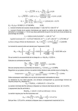 265 
Z = a;⁄20 A´  = 
,+ 
{. ; 
. 
ª 
170 
≤ 0,20 
Z = a30⁄20 = 1,225 A´  = 
1,088'1,5 
0,15'30 
. 
65,9 
170 
= 0,141 ≤ 0,20 
; 
20 
· = O 
. 
1,5,+ 
{. ; 
. 
ª 
170 
. 
1 
1 + ¯°± 
= 1,225'0,141 = 0,173 
Ecd = Ecm/gCE= 33 000/1,2 = 27 500 MPa (5.20) 
Ic : moment d'inertie de la section droite de béton = 1,0(0,15)3/12 = 534.10-6 m4 
Is : moment d'inertie de la section d'armatures par rapport au centre de la section de béton. En 
admettant un enrobage c = 15 mm aux deux parements et que le mur est muni d’une armature au 
pourcentage de 0,002Ac. 
‰¸ = 0,002'1,0'0,15'(0,06) = 1,08. 10QŸ m  
¹1º1w1´é 2Š12»4A: ‰ = 0,173'27 500'534. 10QŸ + 2. 10½. 1,08. 10QŸ = 2,753 MN.m² 
La force critique d’Euler de flambement : ,¿ = ‰ ? 
π 
4S 
 
= 2,753 ? 
B 
π 
2,883 
 
= 3,268 MN 
B 
Le moment du second ordre est calculé avec l’expression (5.28) : 
0+ = 0+ Á1 + 
Â 
8 P ,™ 
,+ 
− 1R 
Ã = 0,022 Á1 + 
Â 
8 P3,268 
1,088 − 1R 
Ã = 0,035 MN.m/m 
Ce qui conduit à une excentricité de la charge de ef = MEd/NEd = 0,033 m. 
Calculons la contrainte de traction : 
,+ 
ℎ. 
− 
60+ 
ℎ.  
= 
1,008 
0,15 
− 
6'0,035 
0,15 = −2,61 MPa 
Elle est comprise entre la contraintes de traction fct,m = 2,9 et fct,0,005 = 2,0 MPa. 
Regardons ce qui passe comme si la section droite réduite à celle centrée sous la charge NEd . 
Compression = 
,+ 
2Äℎ.⁄2 − A±Å 
= 
1,088 
20,15⁄2 − 0,033 
= 12,9 MPa ≤ 
; 
XY 
= 20 MPa 
Cette compression reste faible vis-à-vis de la compression admissible de calcul. 
La résistance du mur étant assurée, une armature correspondant au pourcentage minimal est 
requise puisque NEd dépasse NR,12 . 
{¸,Æ = 0,002{ = 0,002'0,15 = 3,0 cm²/m 
La section minimale des fils verticaux à disposer sur chacune des faces est donc de 1,5 cm²/m. 
L’espacement des fils est limité à : 
MinÇ3-. = 3'0,15 = 0,45 m; 0,40 mmÈ = 0,4 m 
La section requise pour les fils horizontaux est : 
{¸,_ = 0»' ” 
{¸,Æ 
4 
= 0,75; 
{ 
1000 
= 1,5— = 1,5 
²/ 
Soit par face : 0,75 cm²/m, armature à disposer avec un espacement maximal de 0,4 m. 
 