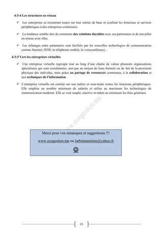 15
4-3-4 Les structures en réseau
 Les entreprises se recentrent toutes sur leur métier de base et confient les fonctions et services
périphériques à des entreprises extérieures.
 La tendance semble être de construire des relations durables avec ses partenaires et de travailler
en réseau avec elles.
 Les échanges entre partenaires sont facilités par les nouvelles technologies de communication
comme Internet, l'EDI, la téléphonie mobile, la visioconférence…
4-3-5 Vers les entreprises virtuelles
 Une entreprise virtuelle regroupe tout au long d’une chaîne de valeur plusieurs organisations
spécialisées qui sont coordonnées, non pas au moyen de liens formels ou du fait de la proximité
physique des individus, mais grâce au partage de ressources communes, à la collaboration et
aux techniques de l’information.
 L'entreprise virtuelle est centrée sur son métier et sous-traite toutes les fonctions périphériques.
Elle emploie un nombre minimum de salariés et utilise au maximum les technologies de
communication moderne. Elle se veut souple, réactive et réduit au minimum les frais généraux.
Merci pour vos remarques et suggestions !!!
www.ecogestion.ma ou larbitamninine@yahoo.fr

 