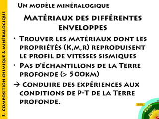 3. Composition chimique & minéralogique

Un modèle minéralogique

Matériaux des différentes
enveloppes
• Trouver les matériaux dont les
propriétés (K,m,r) reproduisent
le profil de vitesses sismiques
• Pas d’échantillons de la Terre
profonde (> 500km)
 Conduire des expériences aux
conditions de P-T de la Terre
profonde.

 