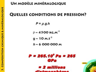 3. Composition chimique & minéralogique

Un modèle minéralogique

Quelles conditions de pression?
P = ρ. g.h
ρ ~ 4500 kg.m-3
g ~ 10 m.s-2
h ~ 6 000 000 m
9

P = 265.10 Pa = 265
GPa
= 2 millions

 
