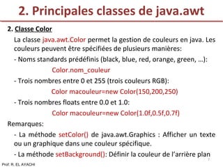2. Classe Color
La classe java.awt.Color permet la gestion de couleurs en java. Les
couleurs peuvent être spécifiées de plusieurs manières:
- Noms standards prédéfinis (black, blue, red, orange, green, …):
Color.nom_couleur
- Trois nombres entre 0 et 255 (trois couleurs RGB):
Color macouleur=new Color(150,200,250)
- Trois nombres floats entre 0.0 et 1.0:
Color macouleur=new Color(1.0f,0.5f,0.7f)
Remarques:
- La méthode setColor() de java.awt.Graphics : Afficher un texte
ou un graphique dans une couleur spécifique.
- La méthode setBackground(): Définir la couleur de l’arrière plan
2. Principales classes de java.awt
Prof: R. EL AYACHI
7
 
